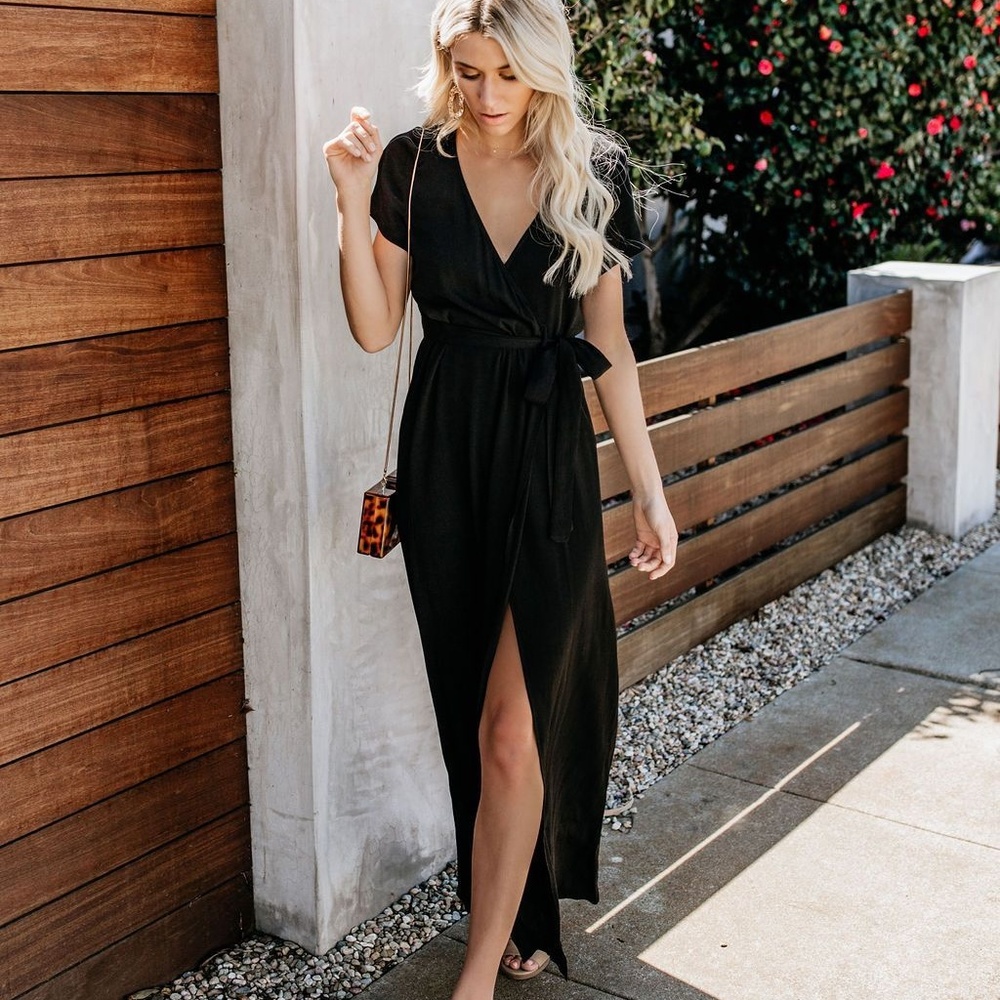Short Sleeve Solid Bardot Wrap Maxi Dress